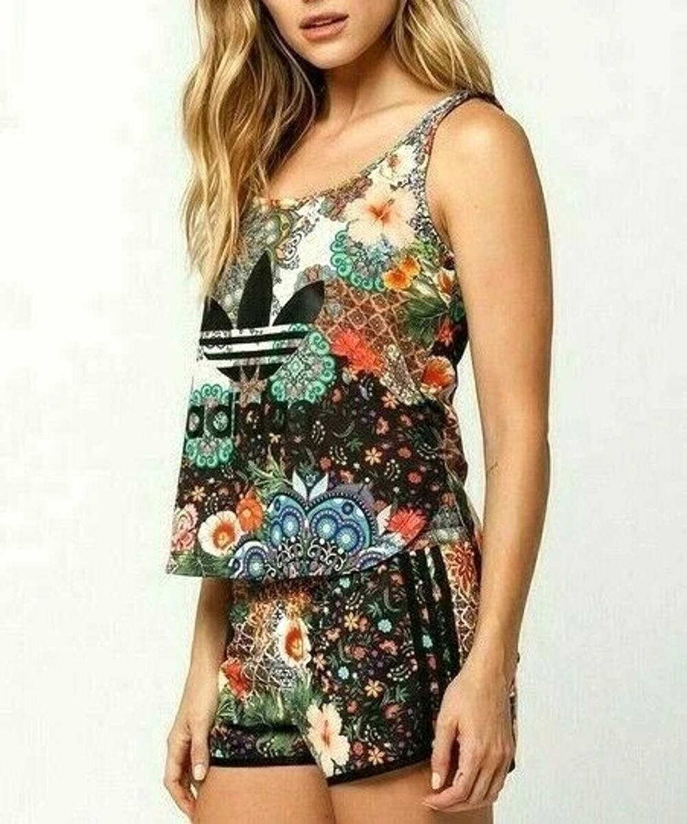 adidas Originals Trefoil Jardim Agharta Tropical Print Tank & Shorts Set Women L